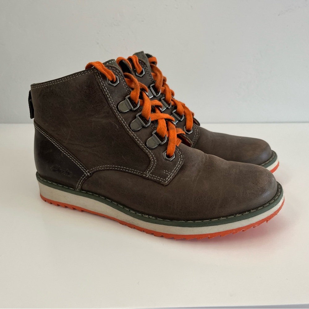 Clarks Boys Brown Leather Boots with Orange Accents